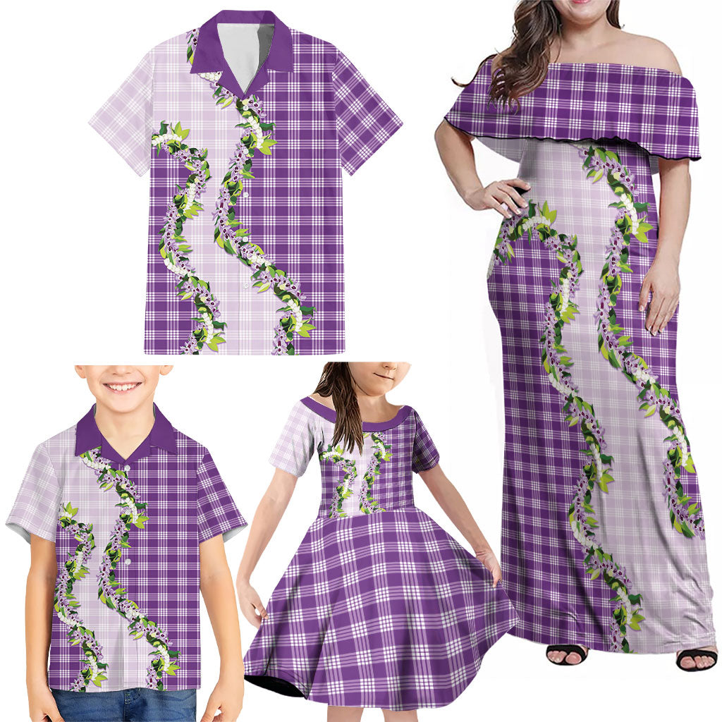 Violet Hawaii Palaka Family Matching Off Shoulder Maxi Dress and Hawaiian Shirt Maile Pikake Honohono Orchid Lei