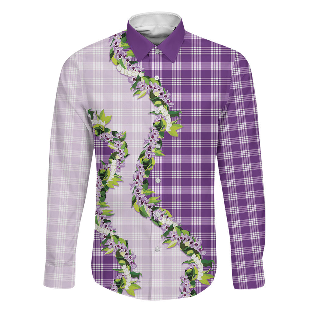 Violet Hawaii Palaka Family Matching Tank Maxi Dress and Hawaiian Shirt Maile Pikake Honohono Orchid Lei LT05 Dad's Shirt - Long Sleeve Violet - Polynesian Pride