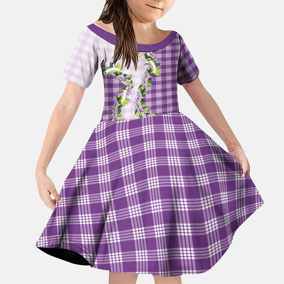 Violet Hawaii Palaka Kid Short Sleeve Dress Maile Pikake Honohono Orchid Lei LT05 KID Violet - Polynesian Pride