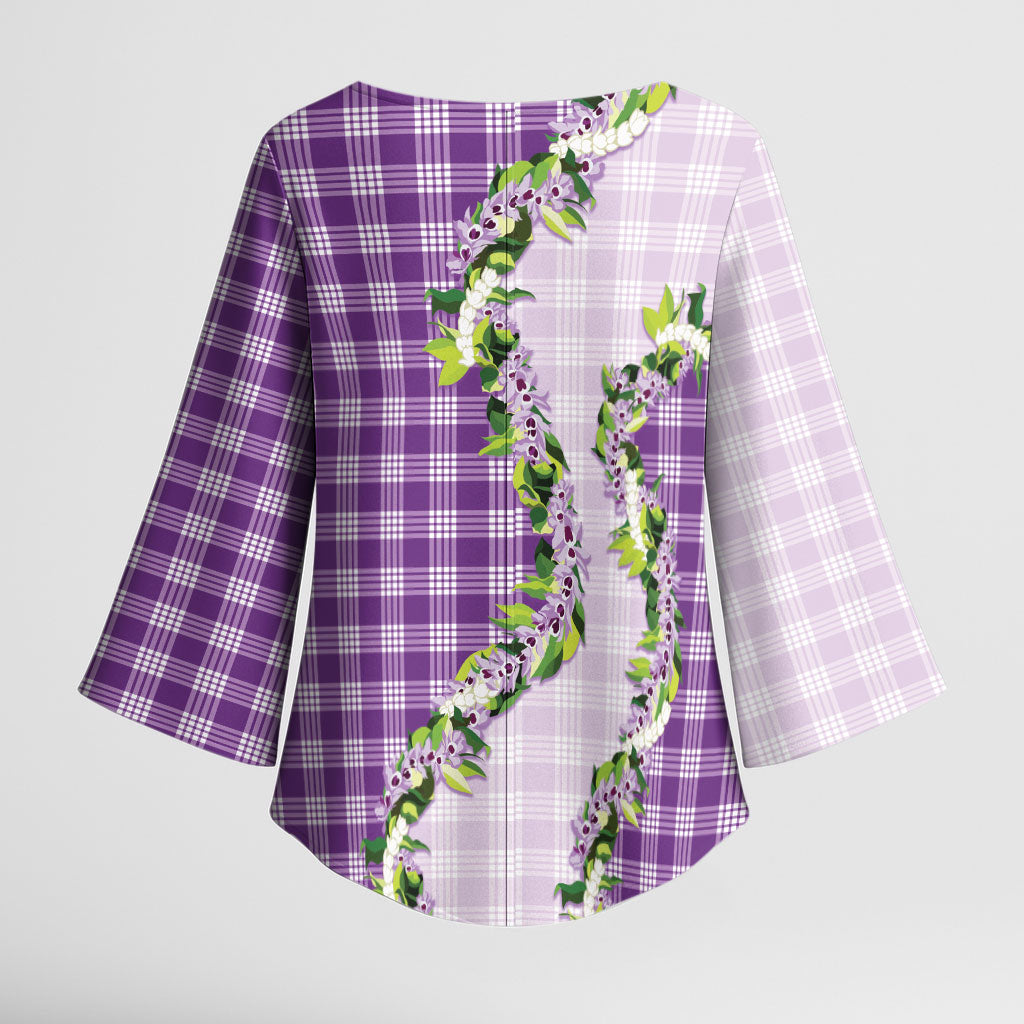 Violet Hawaii Palaka Kimono Sleeve Blouse Maile Pikake Honohono Orchid Lei