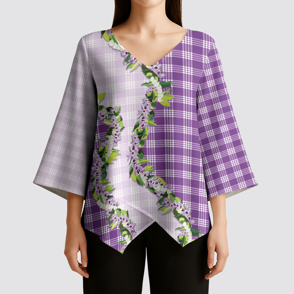 Violet Hawaii Palaka Kimono Sleeve Blouse Maile Pikake Honohono Orchid Lei