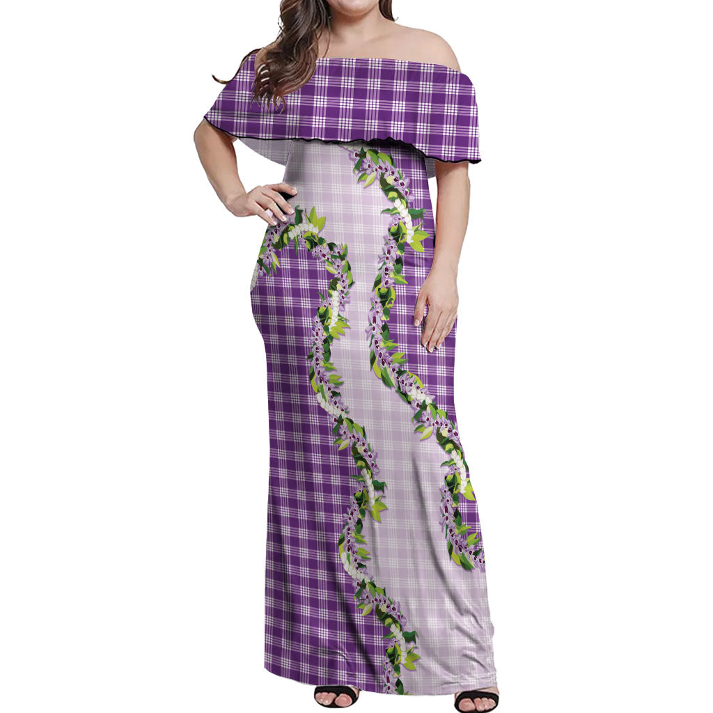 Violet Hawaii Palaka Off Shoulder Maxi Dress Maile Pikake Honohono Orchid Lei LT05 Women Violet - Polynesian Pride