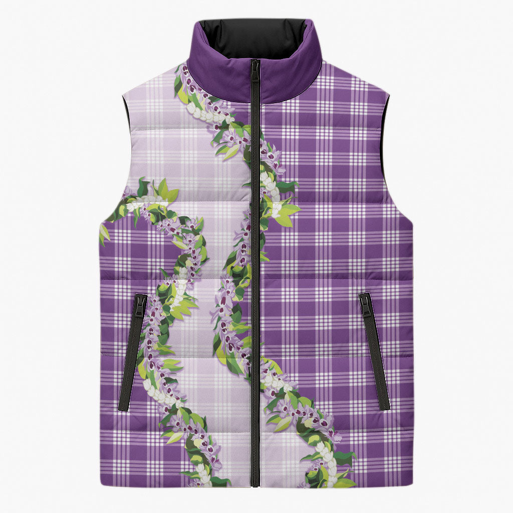 Violet Hawaii Palaka Sleeveless Puffer Jacket Maile Pikake Honohono Orchid Lei