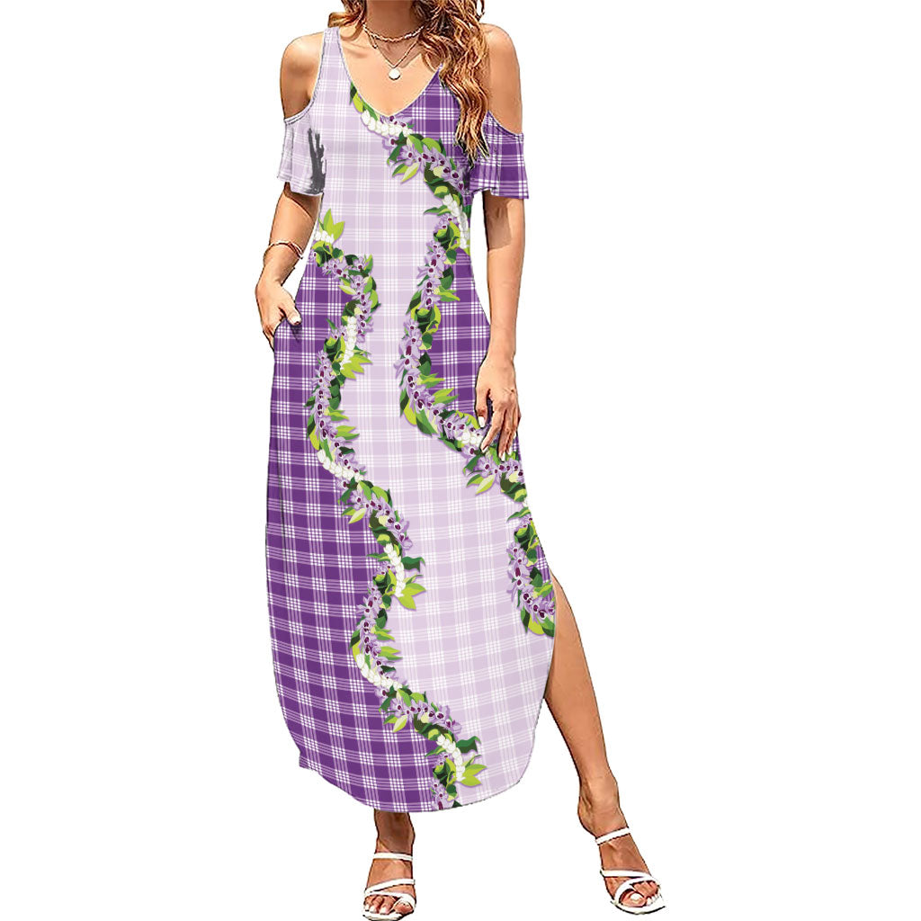 Violet Hawaii Palaka Summer Maxi Dress Maile Pikake Honohono Orchid Lei