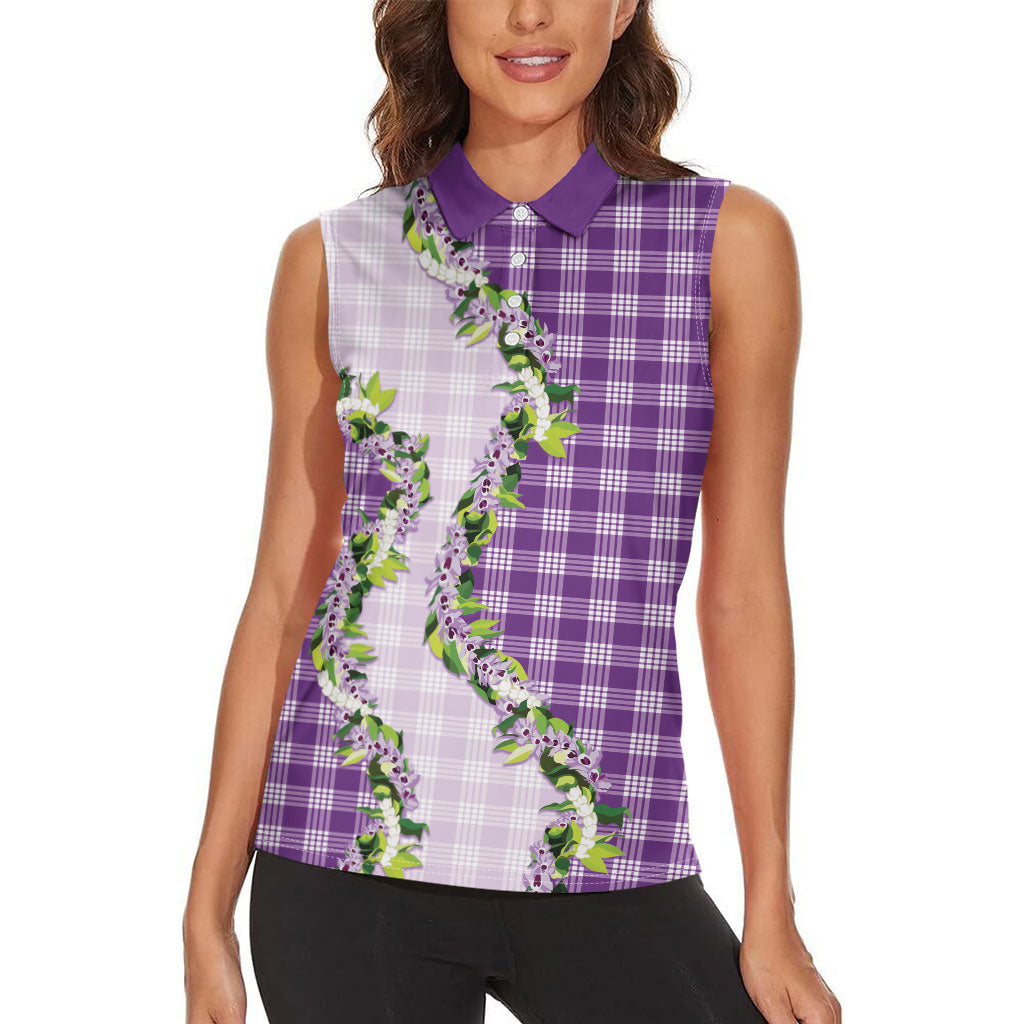 Violet Hawaii Palaka Women Sleeveless Polo Shirt Maile Pikake Honohono Orchid Lei LT05 - Polynesian Pride