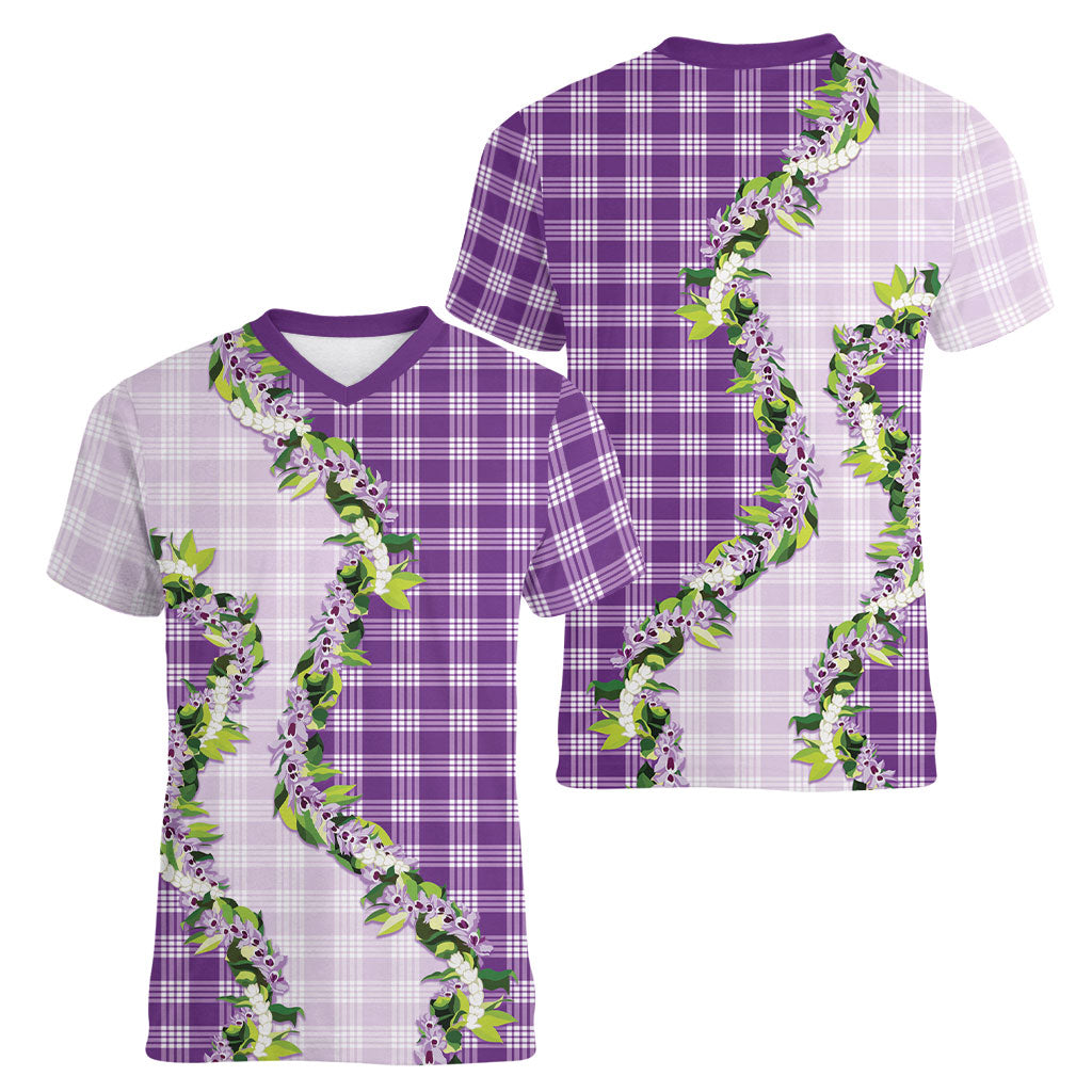 Violet Hawaii Palaka Women V-Neck T-Shirt Maile Pikake Honohono Orchid Lei LT05 - Polynesian Pride