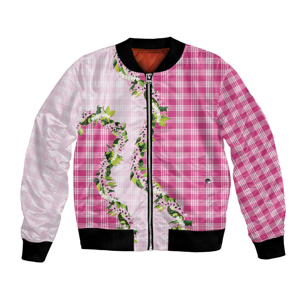 Pink Hawaii Palaka Bomber Jacket Maile Pikake Honohono Orchid Lei