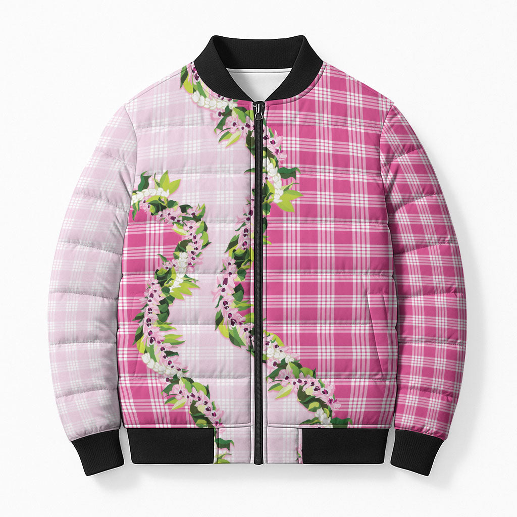 Pink Hawaii Palaka Bomber Puffer Jacket Maile Pikake Honohono Orchid Lei LT05 Unisex Pink - Polynesian Pride