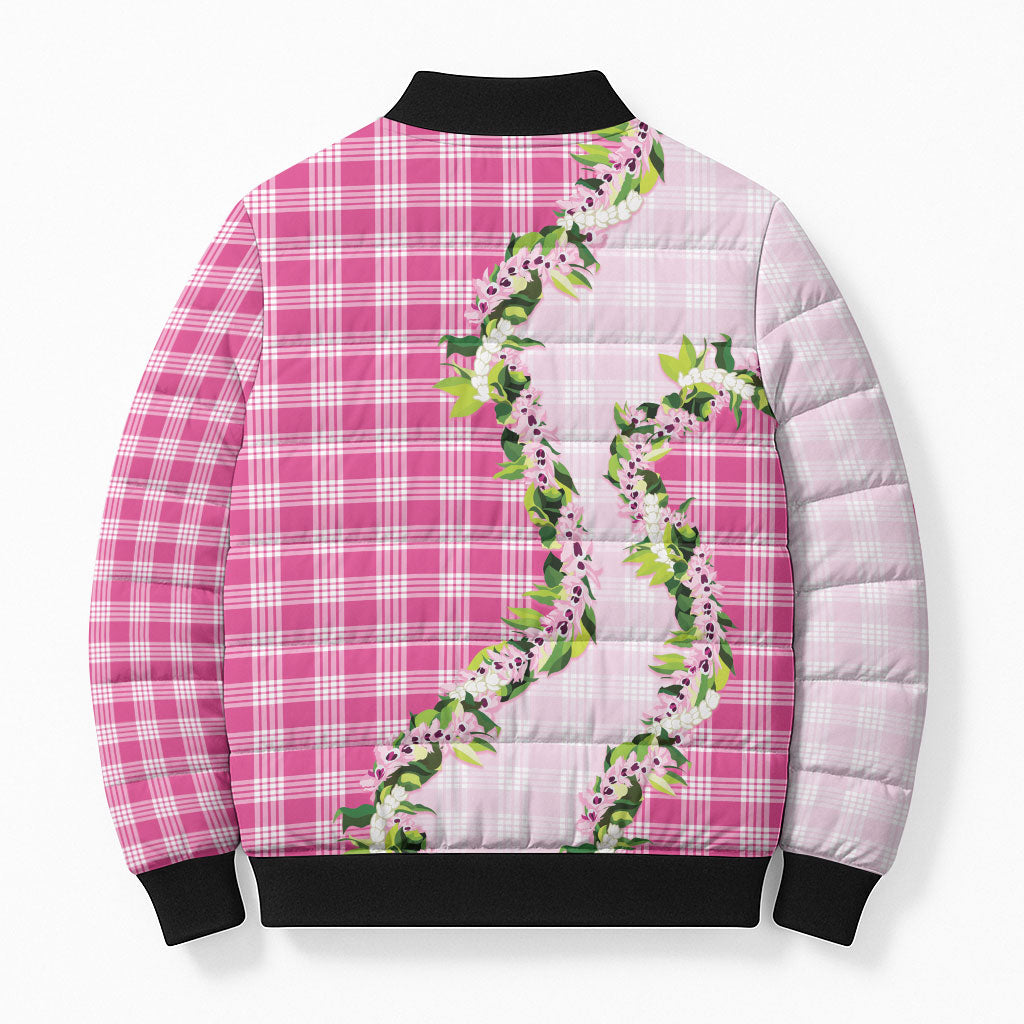 Pink Hawaii Palaka Bomber Puffer Jacket Maile Pikake Honohono Orchid Lei LT05 - Polynesian Pride