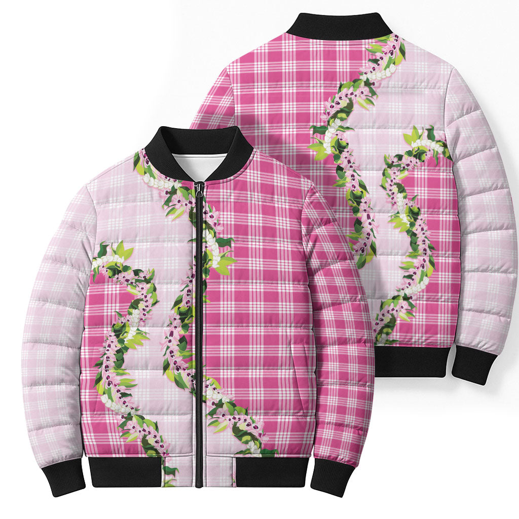 Pink Hawaii Palaka Bomber Puffer Jacket Maile Pikake Honohono Orchid Lei LT05 - Polynesian Pride