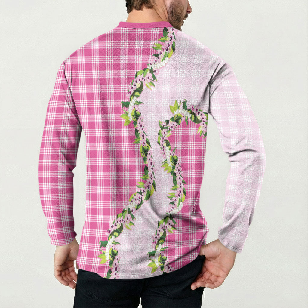 Pink Hawaii Palaka Button Sweatshirt Maile Pikake Honohono Orchid Lei LT05 - Polynesian Pride