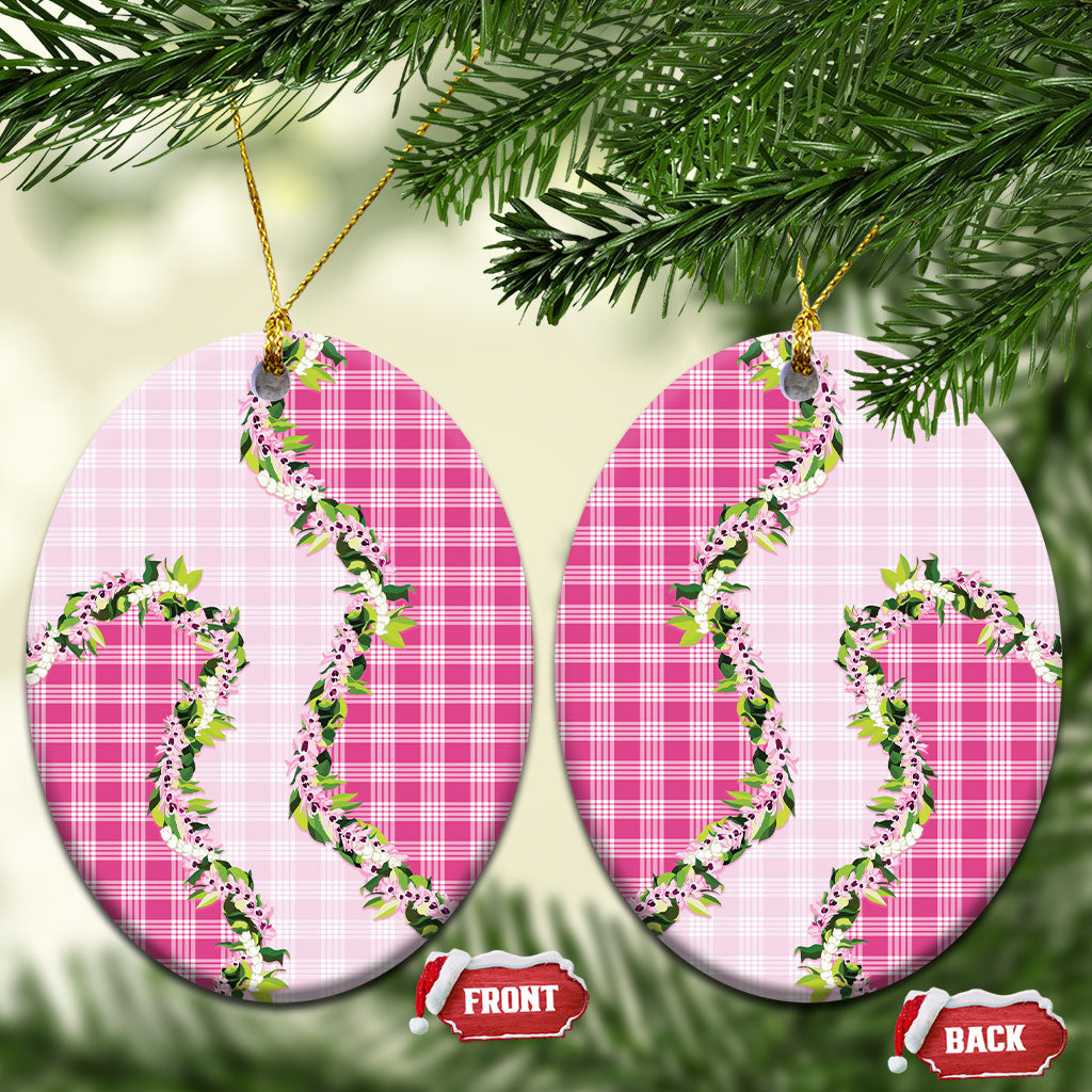 Pink Hawaii Palaka Ceramic Ornament Maile Pikake Honohono Orchid Lei