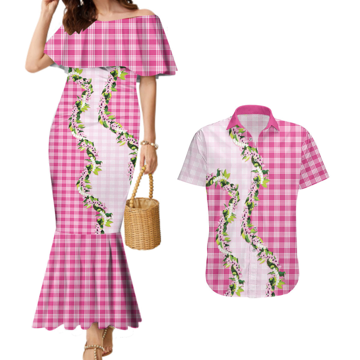 Pink Hawaii Palaka Couples Matching Mermaid Dress and Hawaiian Shirt Maile Pikake Honohono Orchid Lei