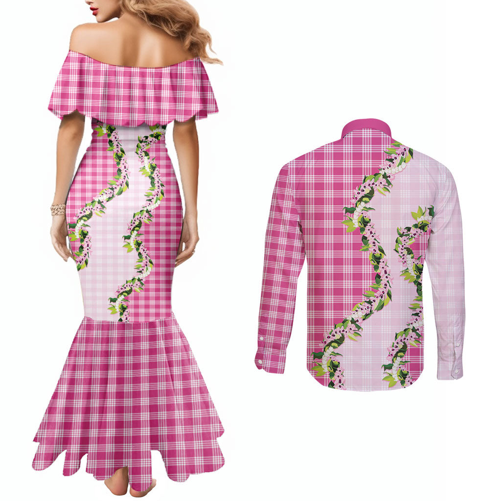 Pink Hawaii Palaka Couples Matching Mermaid Dress and Long Sleeve Button Shirt Maile Pikake Honohono Orchid Lei LT05 - Polynesian Pride
