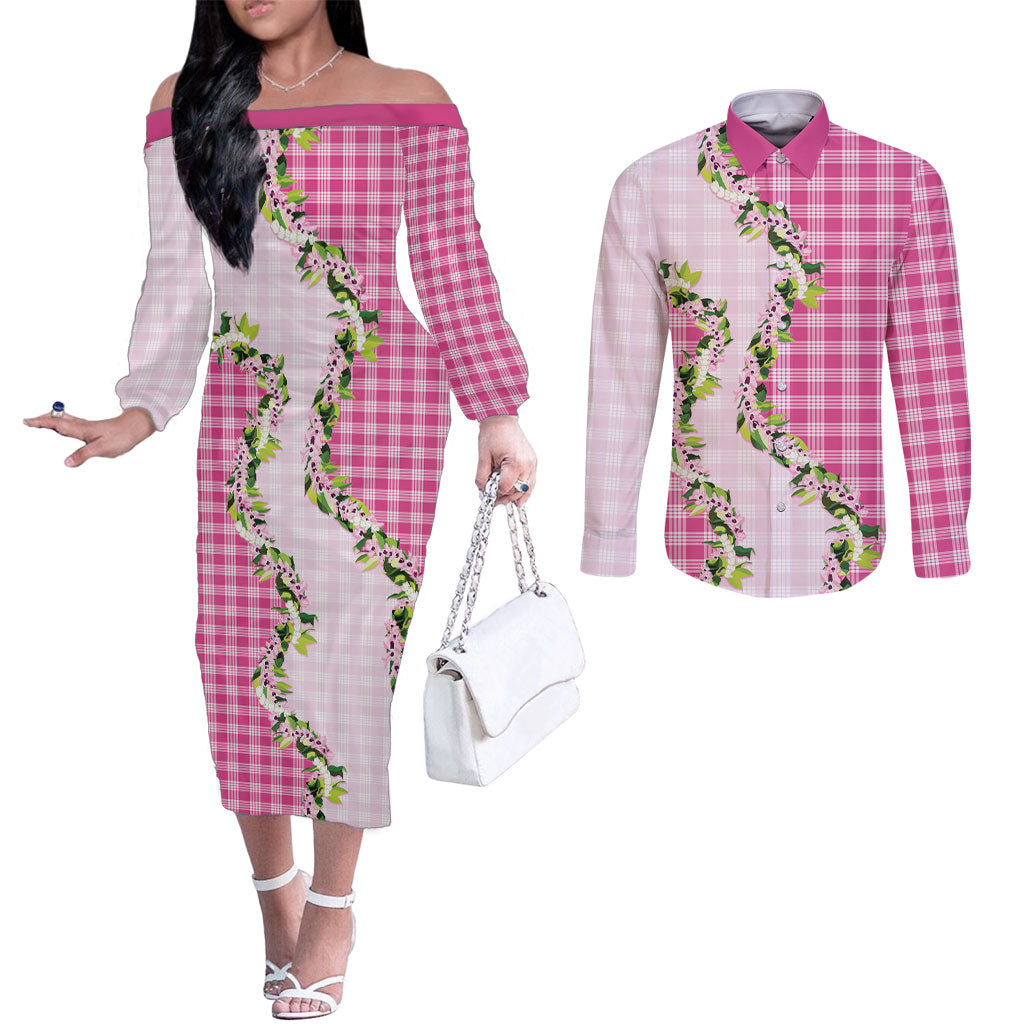 Pink Hawaii Palaka Couples Matching Off The Shoulder Long Sleeve Dress and Long Sleeve Button Shirt Maile Pikake Honohono Orchid Lei