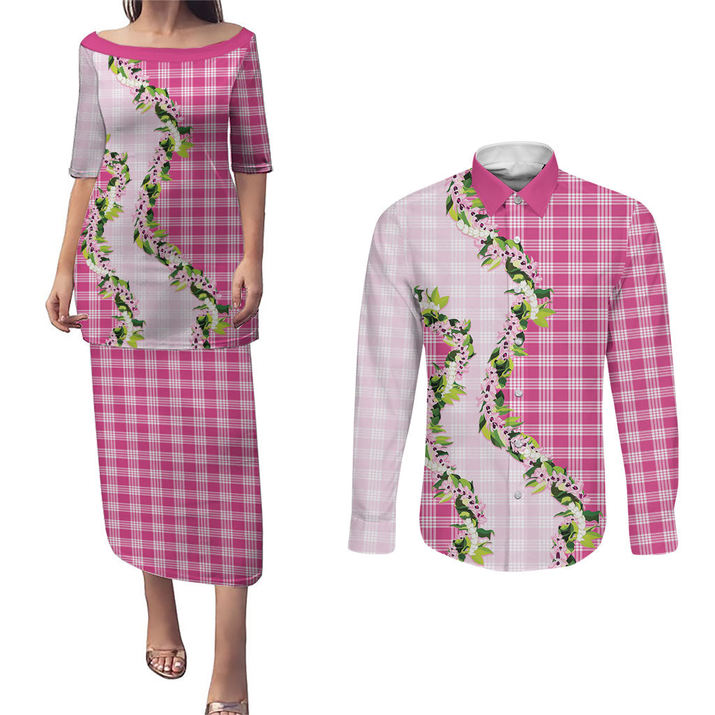 Pink Hawaii Palaka Couples Matching Puletasi and Long Sleeve Button Shirt Maile Pikake Honohono Orchid Lei LT05 Pink - Polynesian Pride
