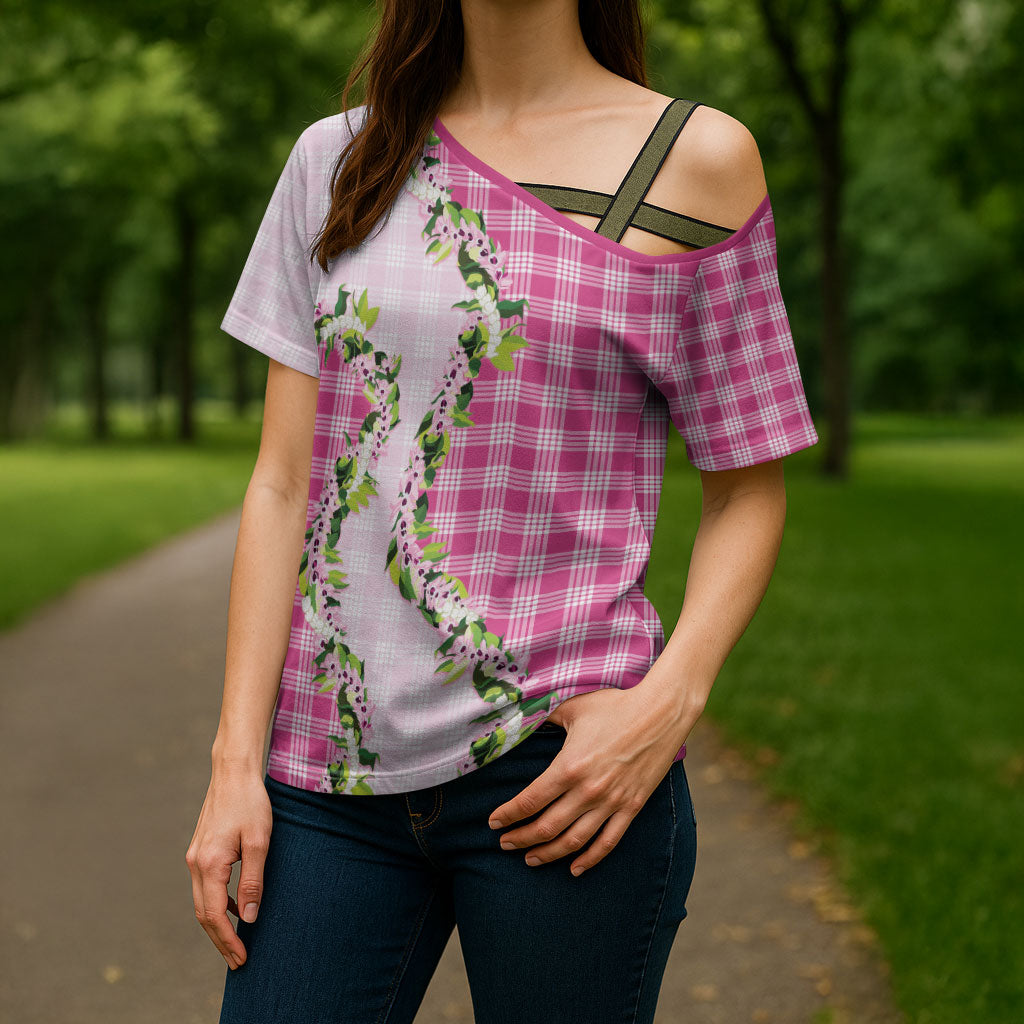 Pink Hawaii Palaka Cross Shoulder Shirt Maile Pikake Honohono Orchid Lei LT05 - Polynesian Pride