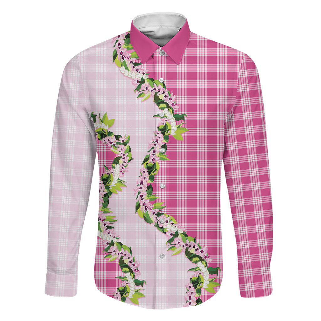 Pink Hawaii Palaka Family Matching Long Sleeve Bodycon Dress and Hawaiian Shirt Maile Pikake Honohono Orchid Lei LT05 Dad's Shirt - Long Sleeve Pink - Polynesian Pride