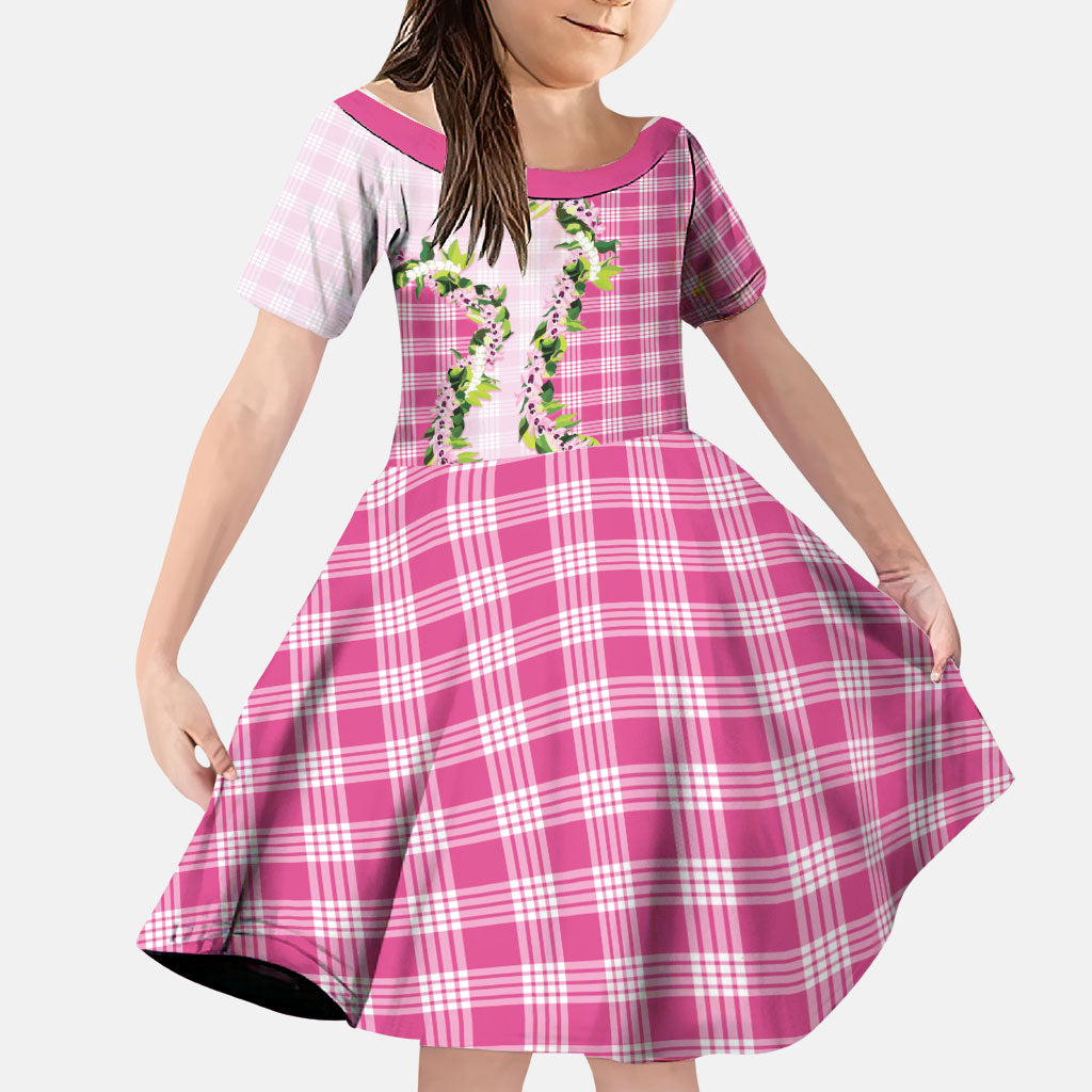 Pink Hawaii Palaka Family Matching Off Shoulder Maxi Dress and Hawaiian Shirt Maile Pikake Honohono Orchid Lei LT05 Daughter's Dress Pink - Polynesian Pride