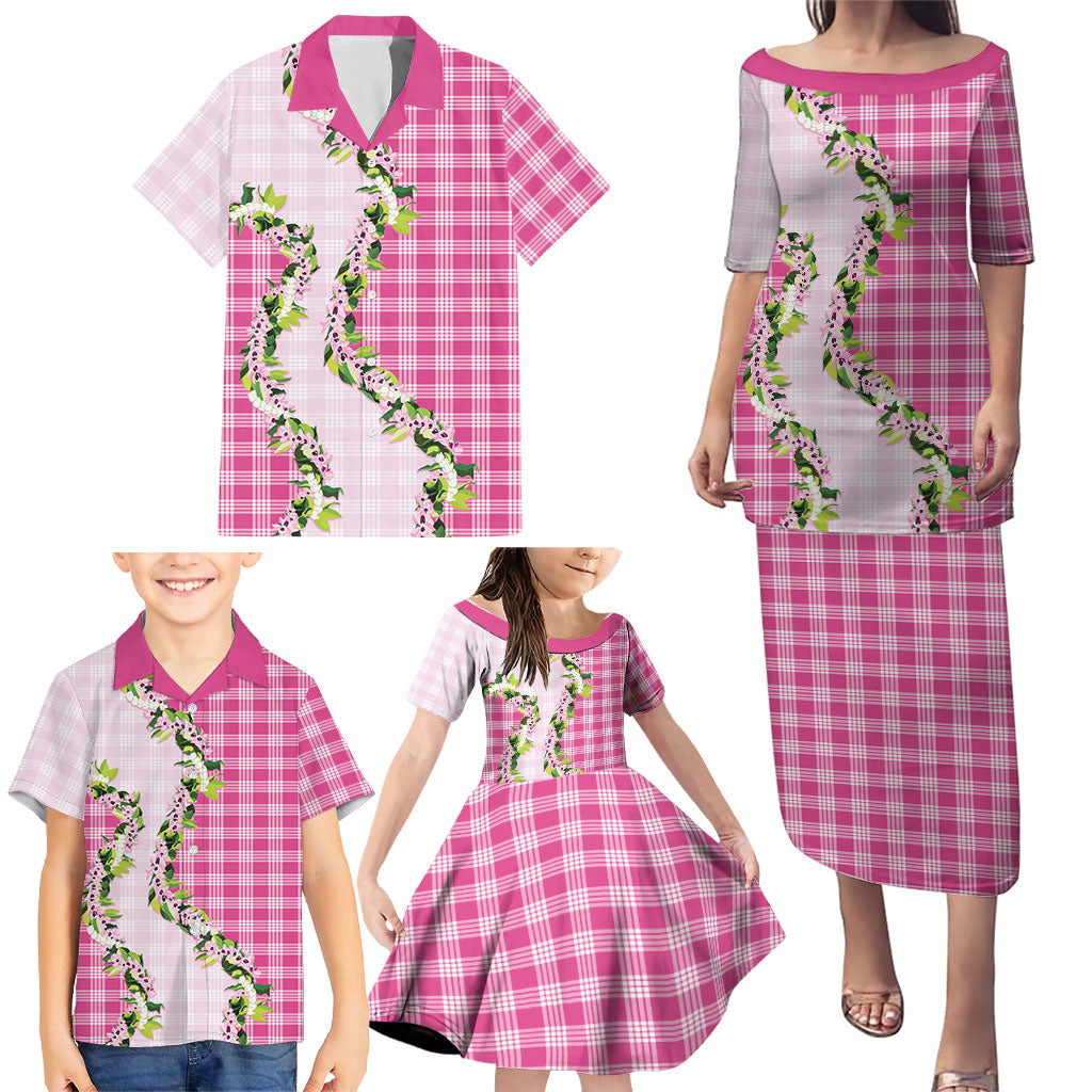 Pink Hawaii Palaka Family Matching Puletasi and Hawaiian Shirt Maile Pikake Honohono Orchid Lei