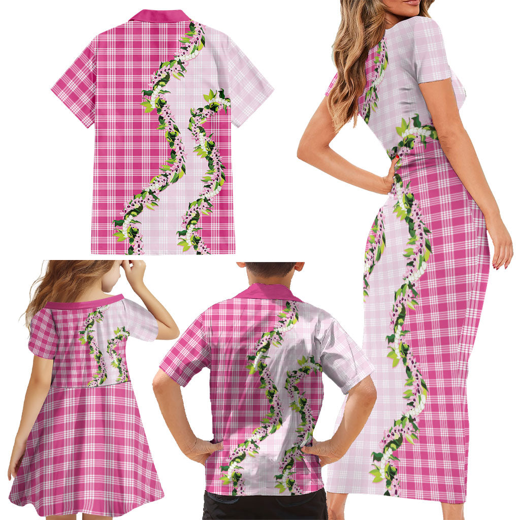 Pink Hawaii Palaka Family Matching Short Sleeve Bodycon Dress and Hawaiian Shirt Maile Pikake Honohono Orchid Lei LT05 - Polynesian Pride