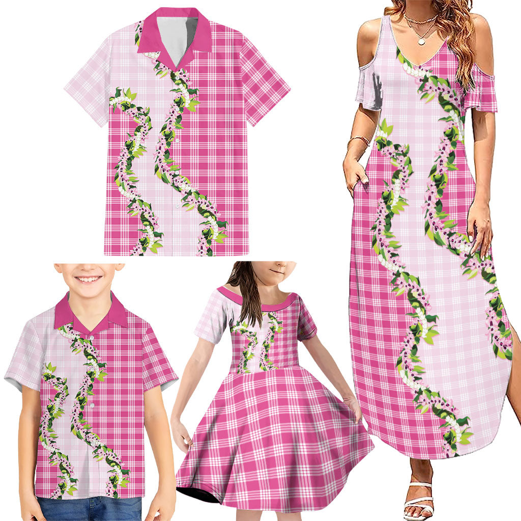 Pink Hawaii Palaka Family Matching Summer Maxi Dress and Hawaiian Shirt Maile Pikake Honohono Orchid Lei LT05 - Polynesian Pride