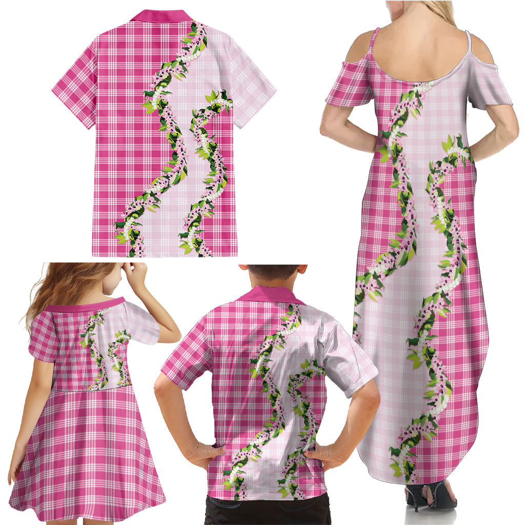 Pink Hawaii Palaka Family Matching Summer Maxi Dress and Hawaiian Shirt Maile Pikake Honohono Orchid Lei LT05 - Polynesian Pride