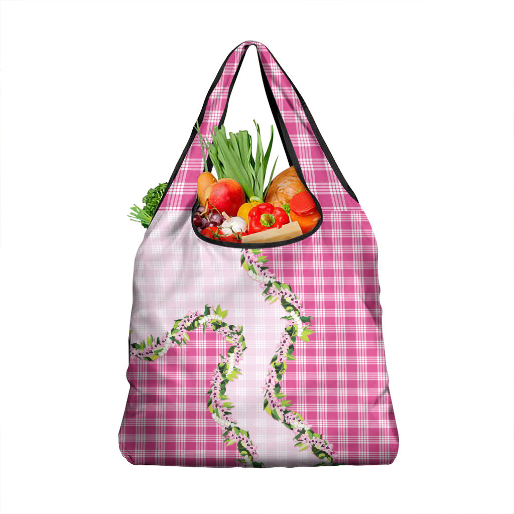Pink Hawaii Palaka Grocery Bag Maile Pikake Honohono Orchid Lei
