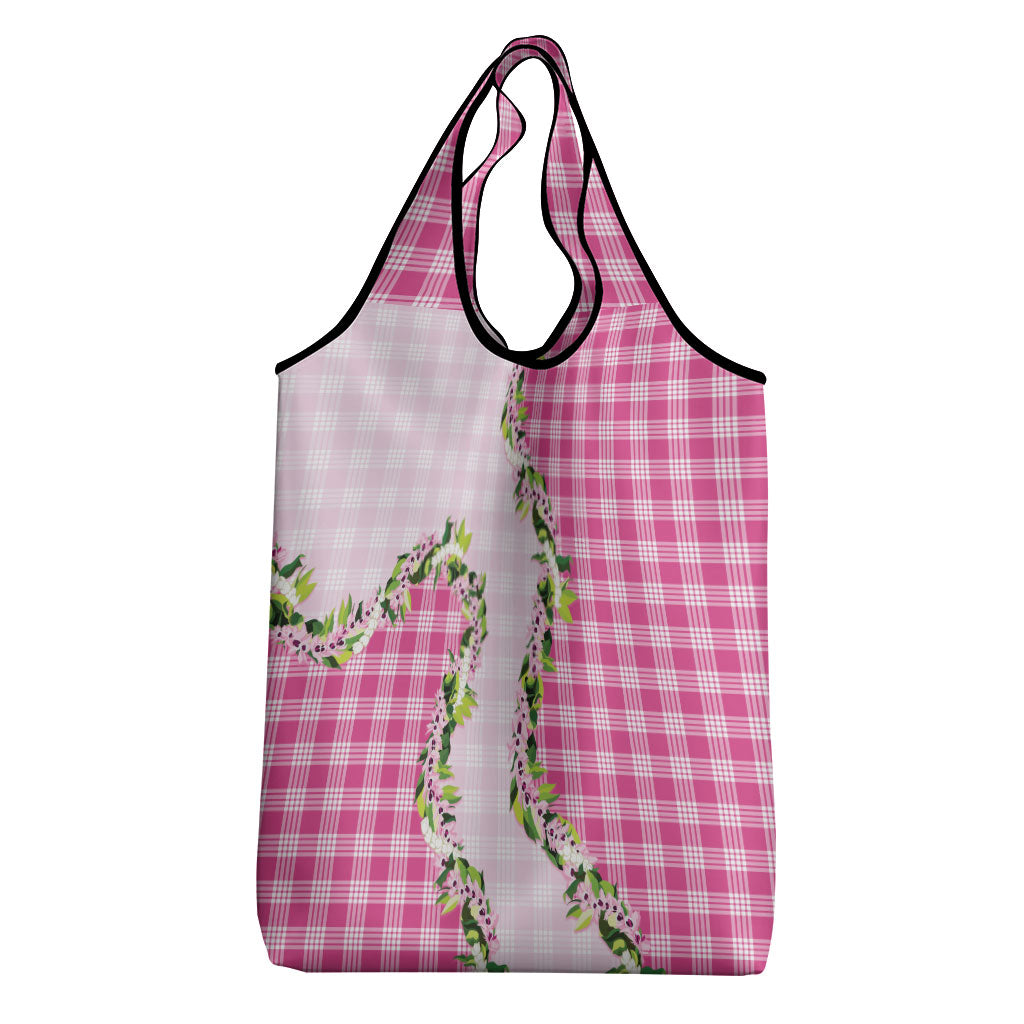 Pink Hawaii Palaka Grocery Bag Maile Pikake Honohono Orchid Lei