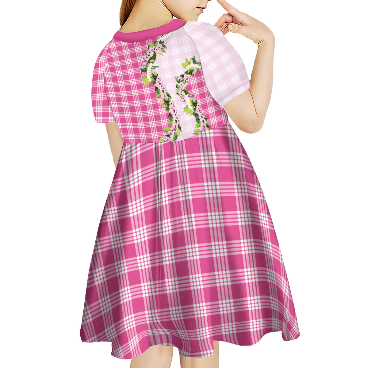 Pink Hawaii Palaka Kid Short Sleeve Dress Maile Pikake Honohono Orchid Lei LT05 - Polynesian Pride
