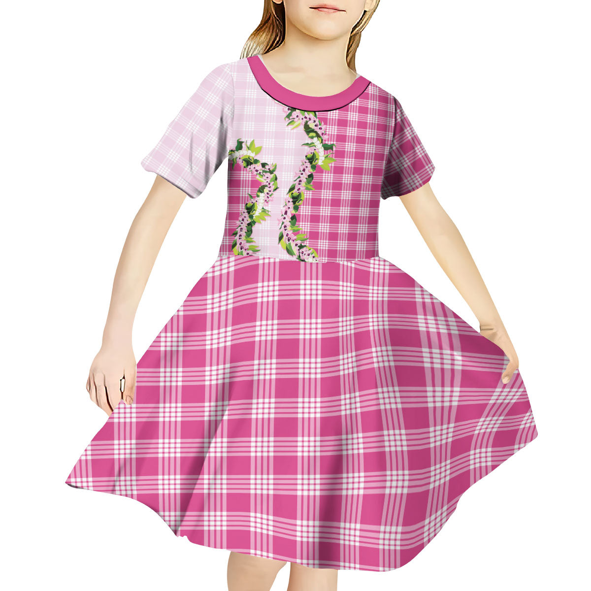 Pink Hawaii Palaka Kid Short Sleeve Dress Maile Pikake Honohono Orchid Lei LT05 - Polynesian Pride