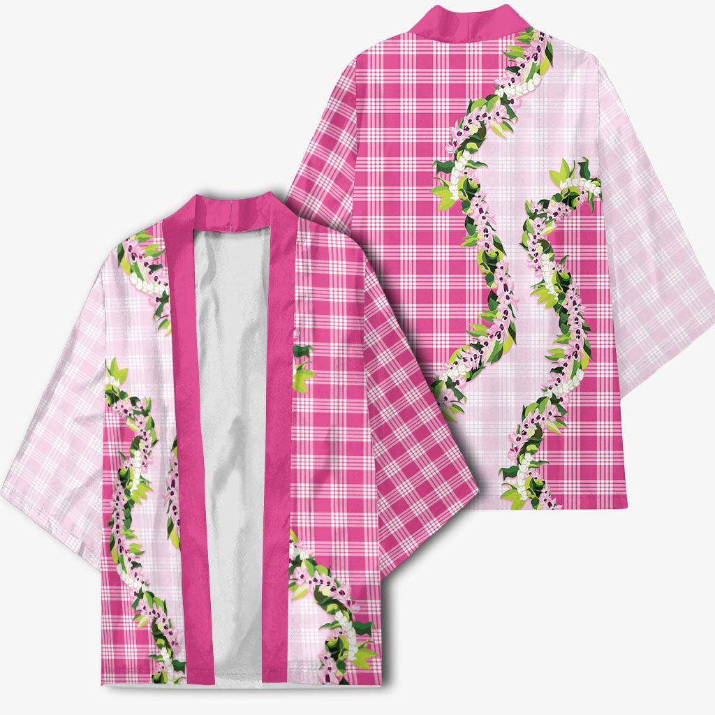 Pink Hawaii Palaka Kimono Maile Pikake Honohono Orchid Lei