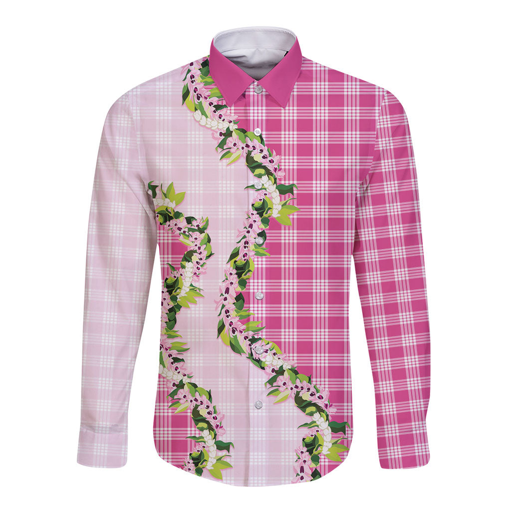 Pink Hawaii Palaka Long Sleeve Button Shirt Maile Pikake Honohono Orchid Lei LT05 Unisex Pink - Polynesian Pride