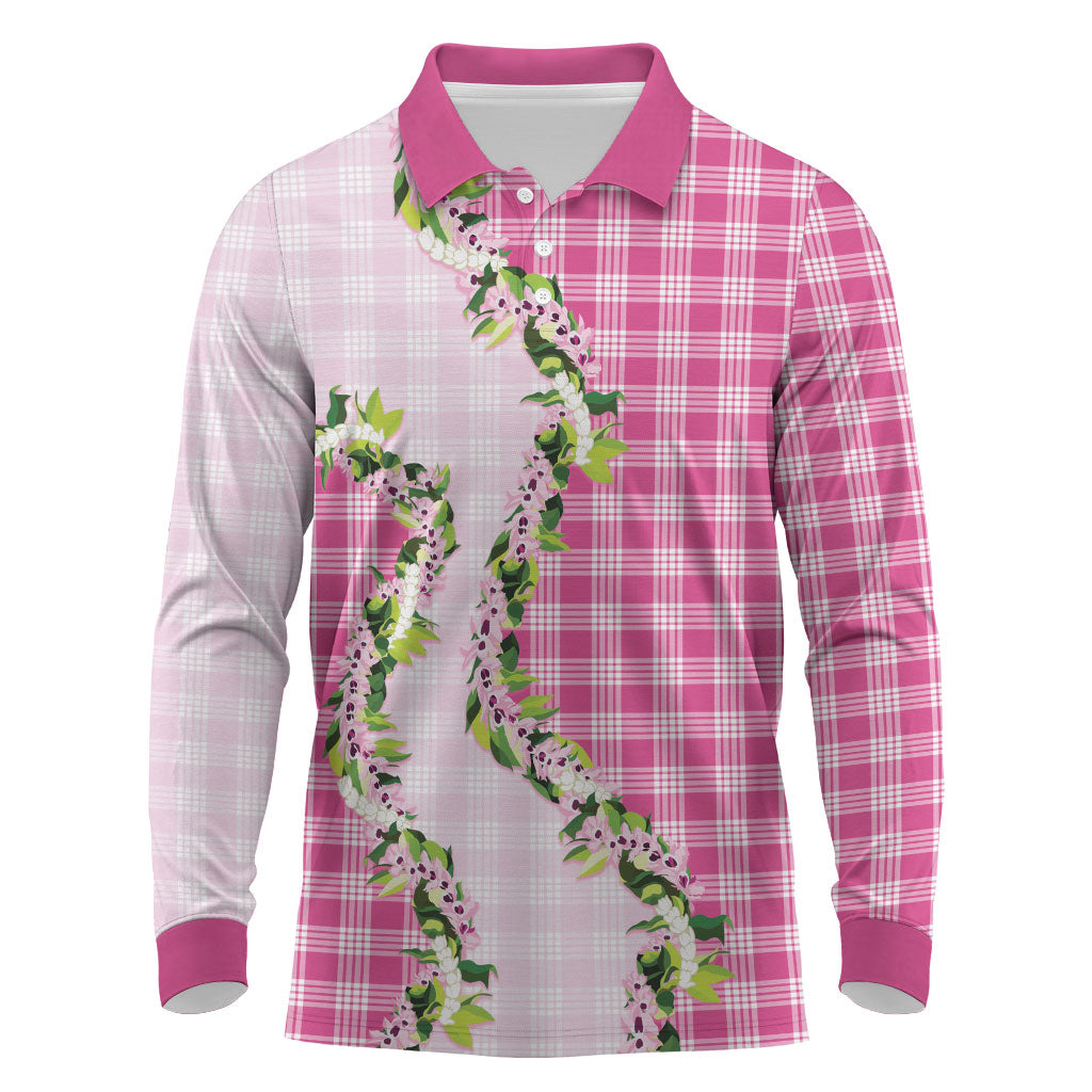 Pink Hawaii Palaka Long Sleeve Polo Shirt Maile Pikake Honohono Orchid Lei LT05 Pink - Polynesian Pride