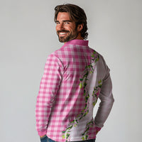 Pink Hawaii Palaka Long Sleeve Polo Shirt Maile Pikake Honohono Orchid Lei LT05 - Polynesian Pride