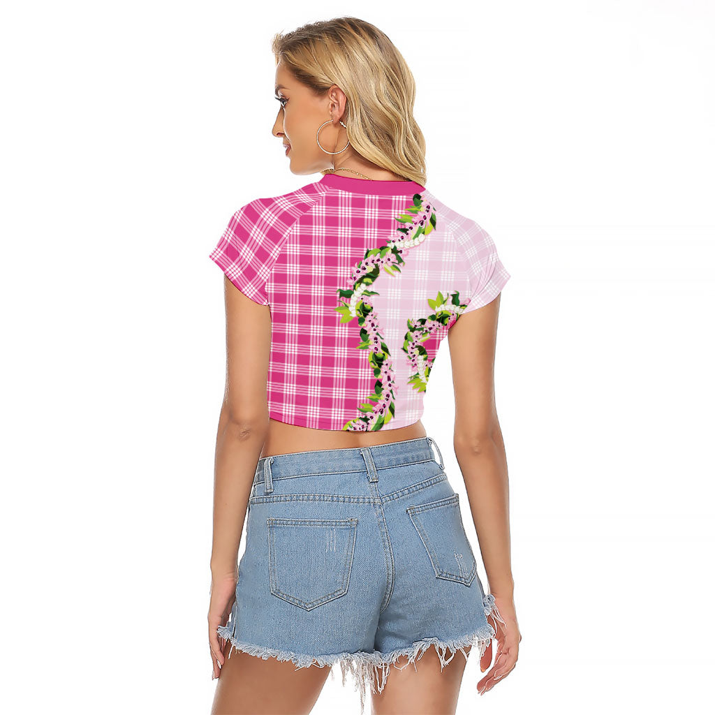 Pink Hawaii Palaka Raglan Cropped T Shirt Maile Pikake Honohono Orchid Lei LT05 - Polynesian Pride