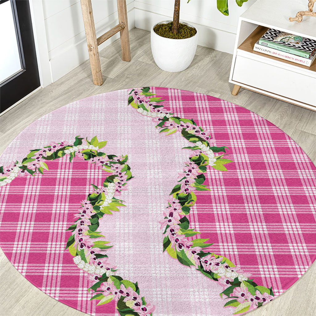 Pink Hawaii Palaka Round Carpet Maile Pikake Honohono Orchid Lei