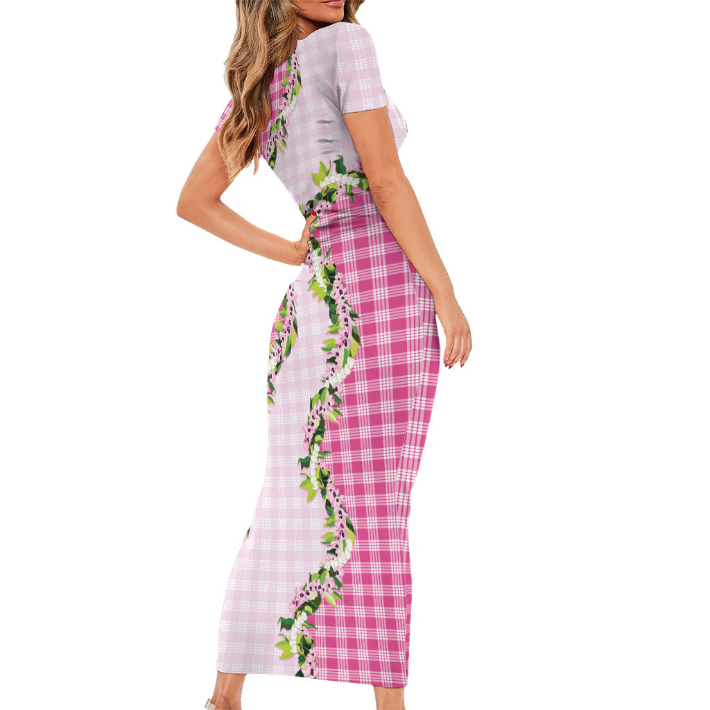 Pink Hawaii Palaka Short Sleeve Bodycon Dress Maile Pikake Honohono Orchid Lei LT05 - Polynesian Pride