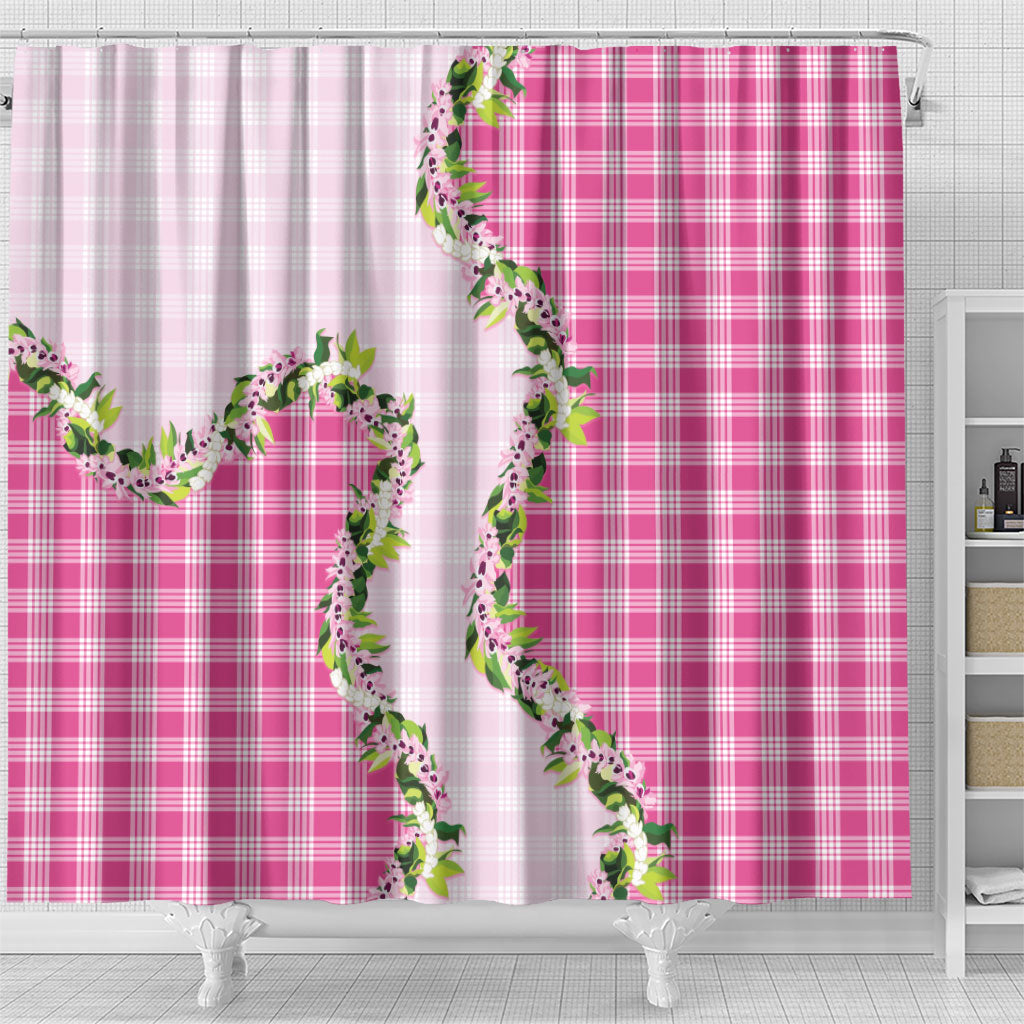 Pink Hawaii Palaka Shower Curtain Maile Pikake Honohono Orchid Lei