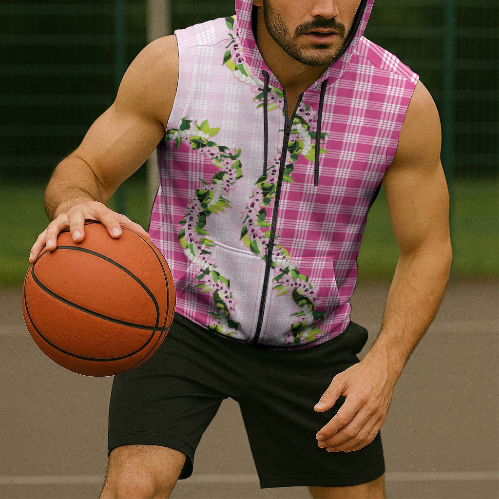 Pink Hawaii Palaka Sleeveless Zip Hoodie Maile Pikake Honohono Orchid Lei LT05 - Polynesian Pride