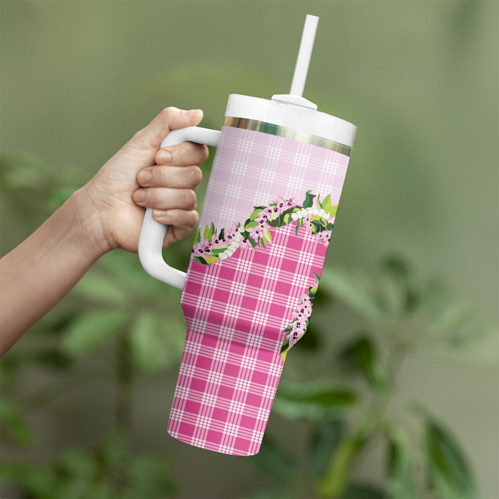 Pink Hawaii Palaka Tumbler With Handle Maile Pikake Honohono Orchid Lei