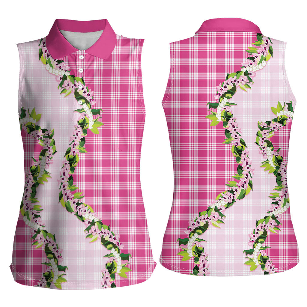 Pink Hawaii Palaka Women Sleeveless Polo Shirt Maile Pikake Honohono Orchid Lei LT05 - Polynesian Pride