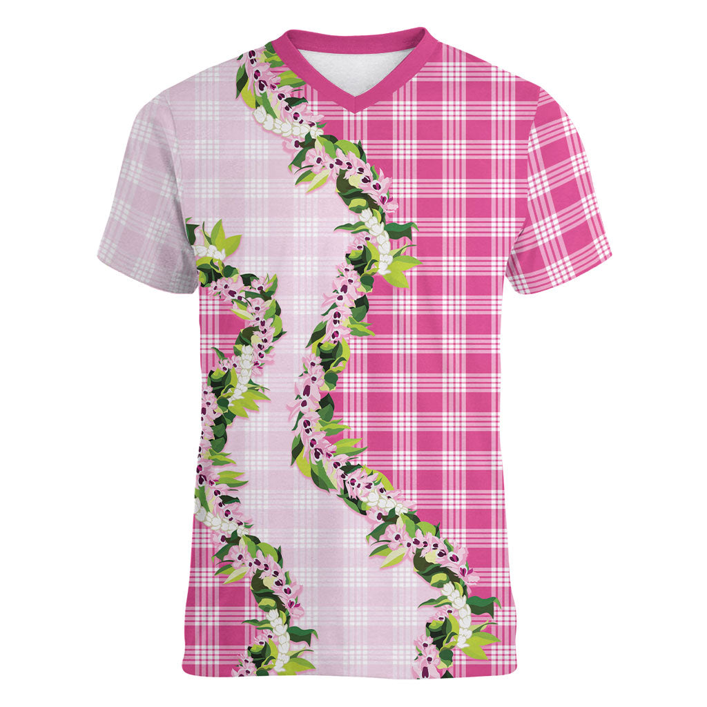 Pink Hawaii Palaka Women V-Neck T-Shirt Maile Pikake Honohono Orchid Lei LT05 Female Pink - Polynesian Pride