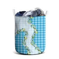 Blue Hawaii Palaka Laundry Basket Maile Pikake Honohono Orchid Lei
