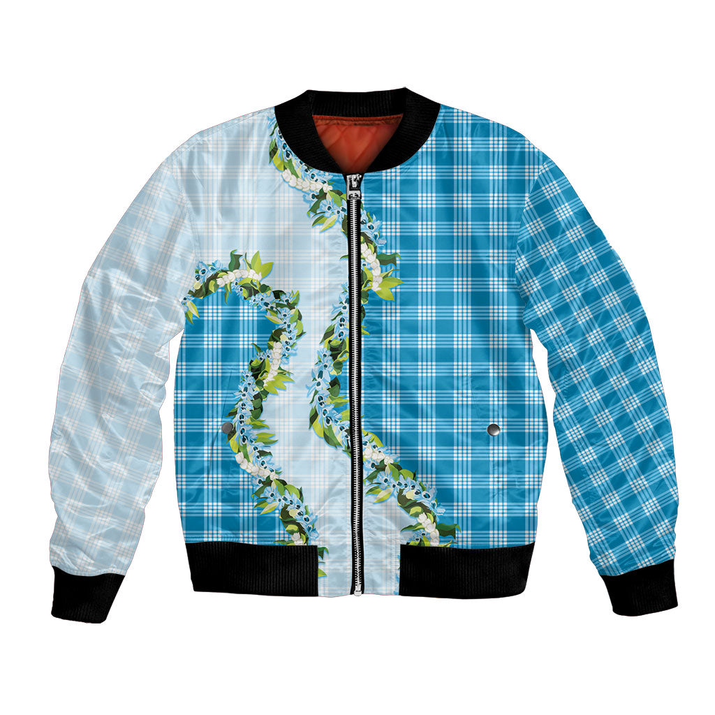 Blue Hawaii Palaka Bomber Jacket Maile Pikake Honohono Orchid Lei LT05 Unisex Blue - Polynesian Pride