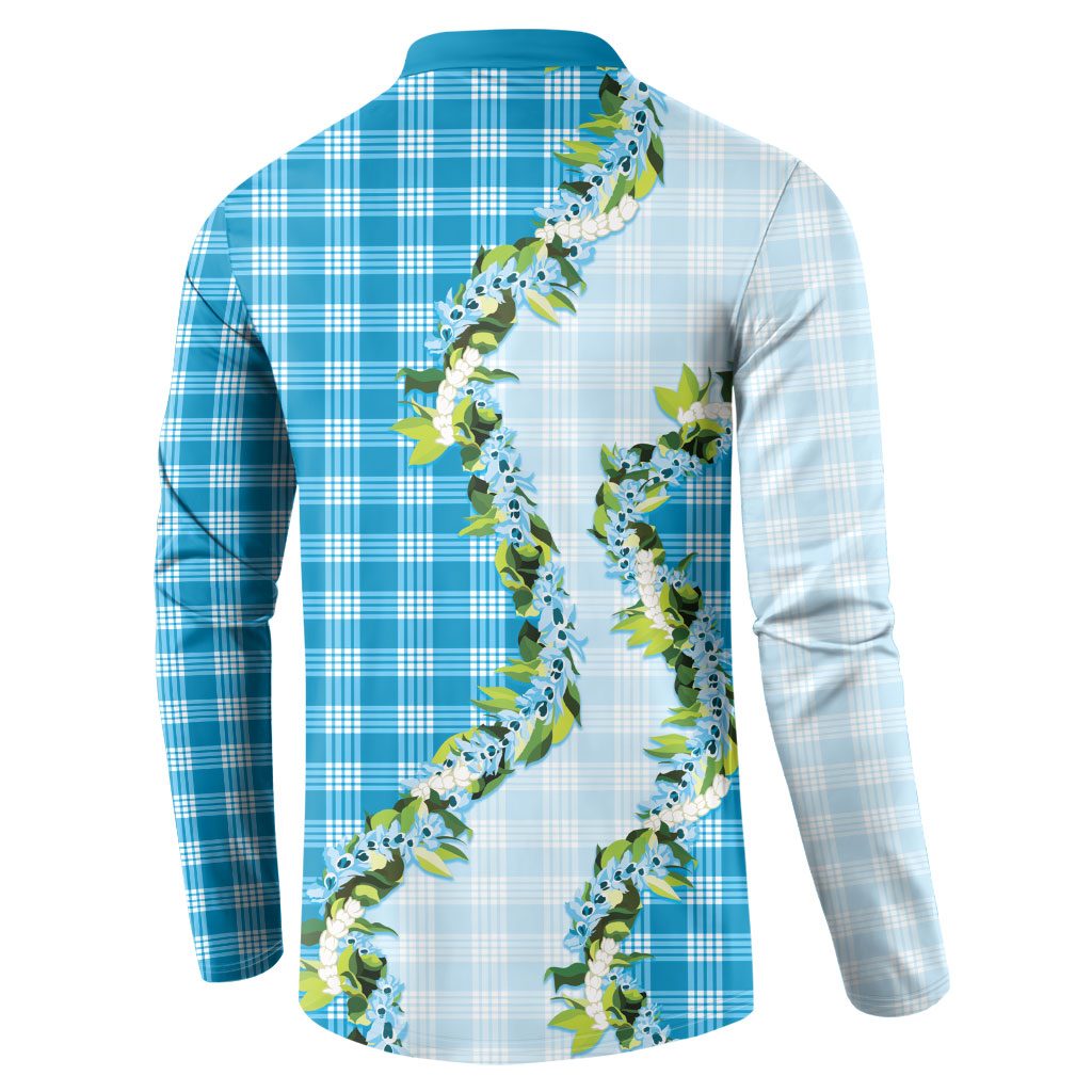 Blue Hawaii Palaka Button Sweatshirt Maile Pikake Honohono Orchid Lei