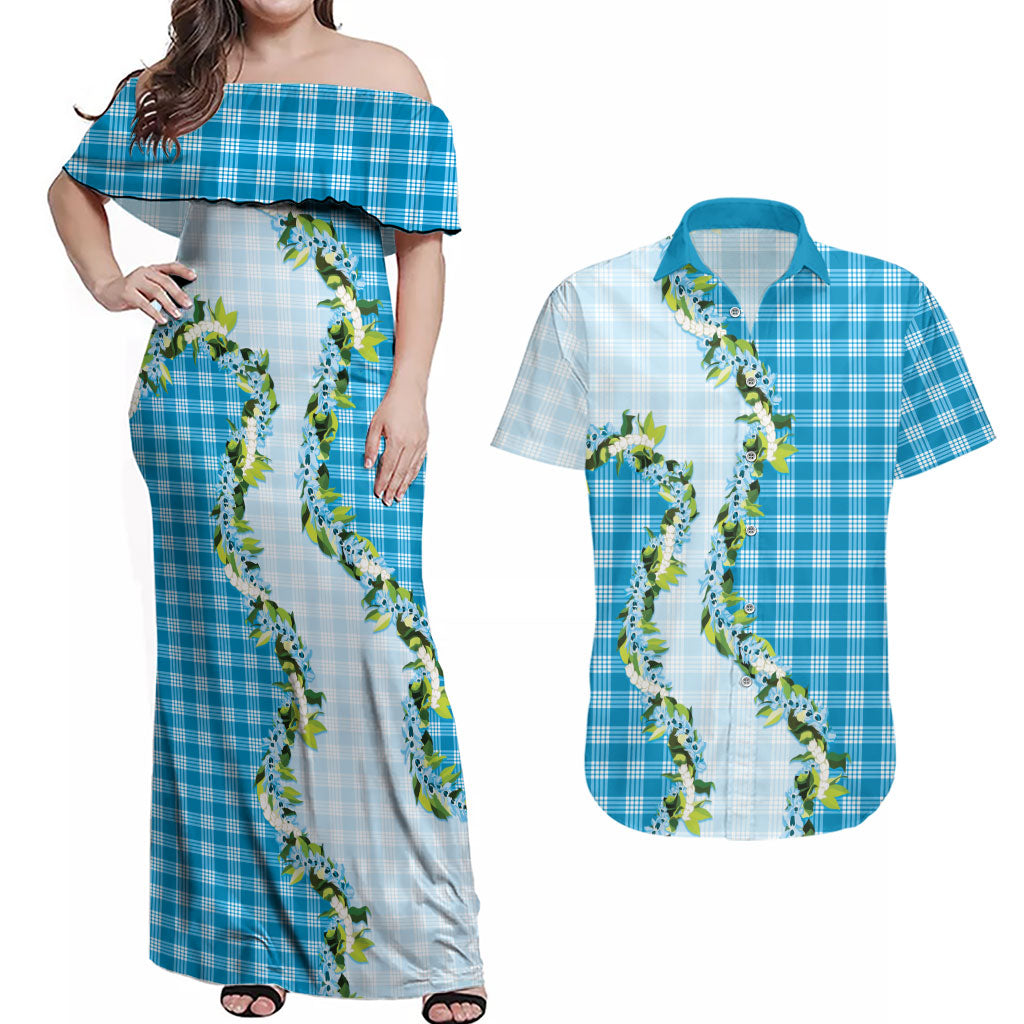 Blue Hawaii Palaka Couples Matching Off Shoulder Maxi Dress and Hawaiian Shirt Maile Pikake Honohono Orchid Lei LT05 Blue - Polynesian Pride