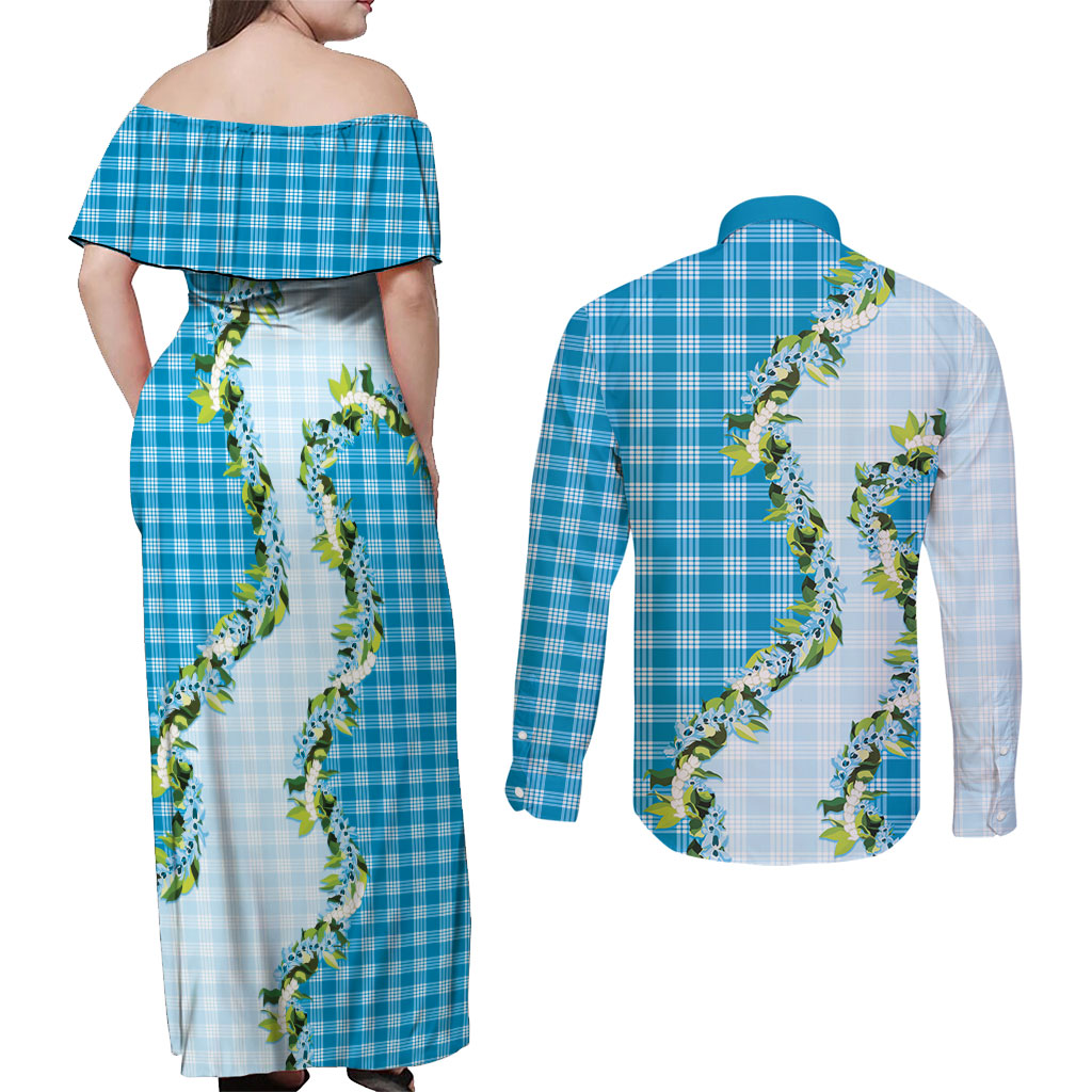 Blue Hawaii Palaka Couples Matching Off Shoulder Maxi Dress and Long Sleeve Button Shirt Maile Pikake Honohono Orchid Lei LT05 - Polynesian Pride