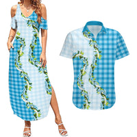 Blue Hawaii Palaka Couples Matching Summer Maxi Dress and Hawaiian Shirt Maile Pikake Honohono Orchid Lei LT05 Blue - Polynesian Pride