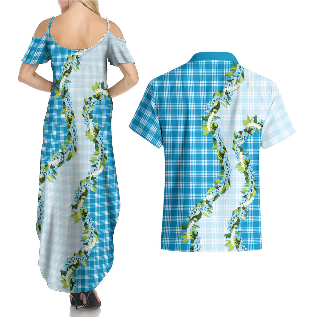 Blue Hawaii Palaka Couples Matching Summer Maxi Dress and Hawaiian Shirt Maile Pikake Honohono Orchid Lei LT05 - Polynesian Pride